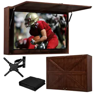 Outdoor TV Enclosure, Solid Wood Weatherproof TV Cabinet with 600D Water-resistant Cover, Wood Outdoor Television Hard Case & Up-Flip Door, Outdoor TV Case with Wall Mount Bracket (Fits 32-55 Inches)