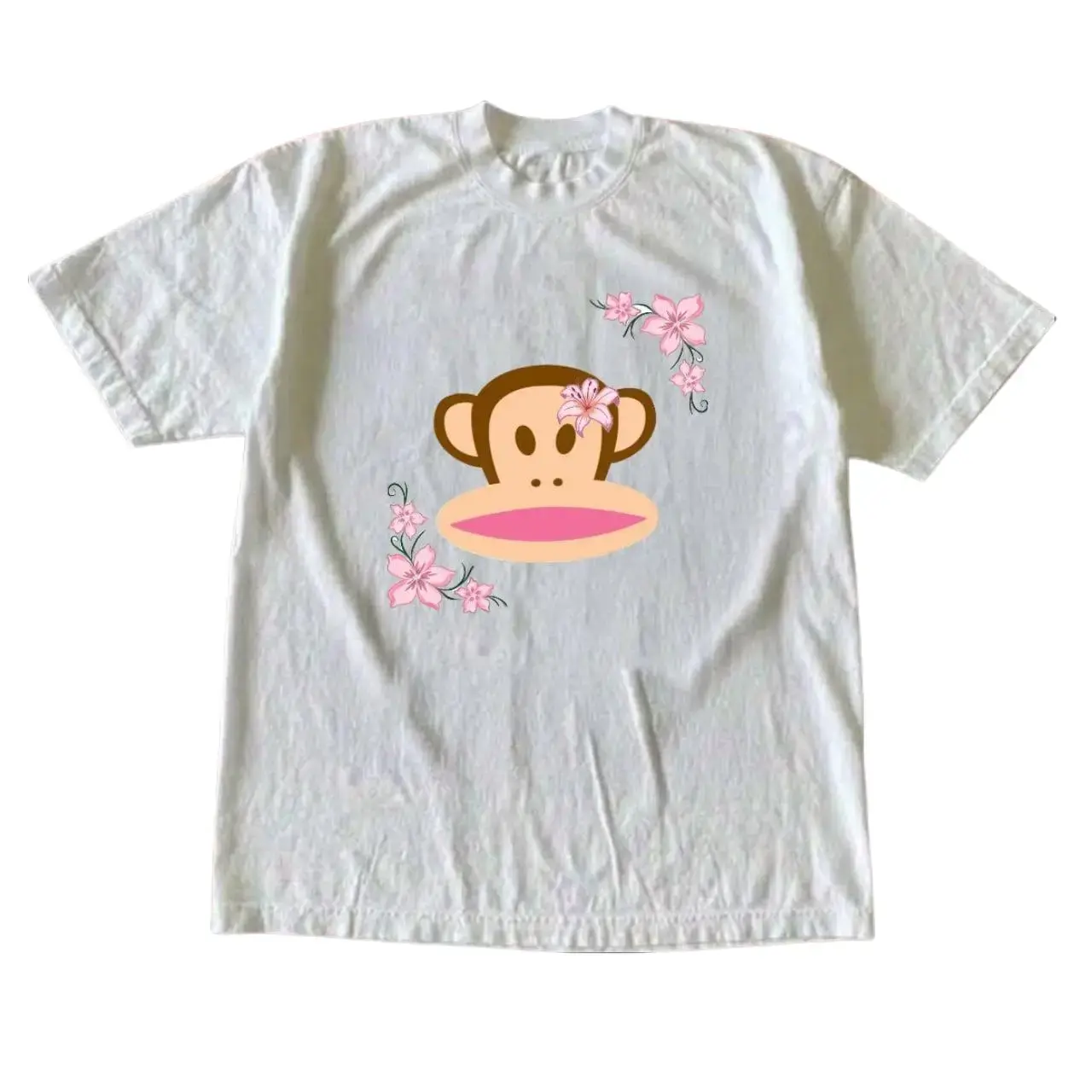 Paul Frank Cherry Blossom Julius Monkey Graphic Tee - Y2K Sakura Floral T-Shirt Unisex White Short Sleeve Cotton Top