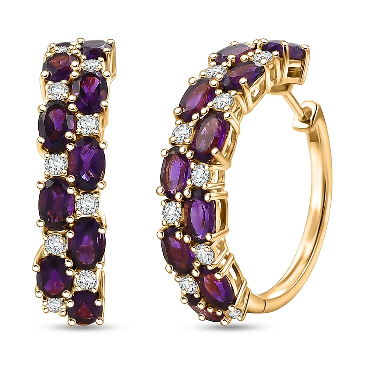 EverTrue African Amethyst, White Topaz Hoop Earrings in 18K YG Plated 9.80 ctw