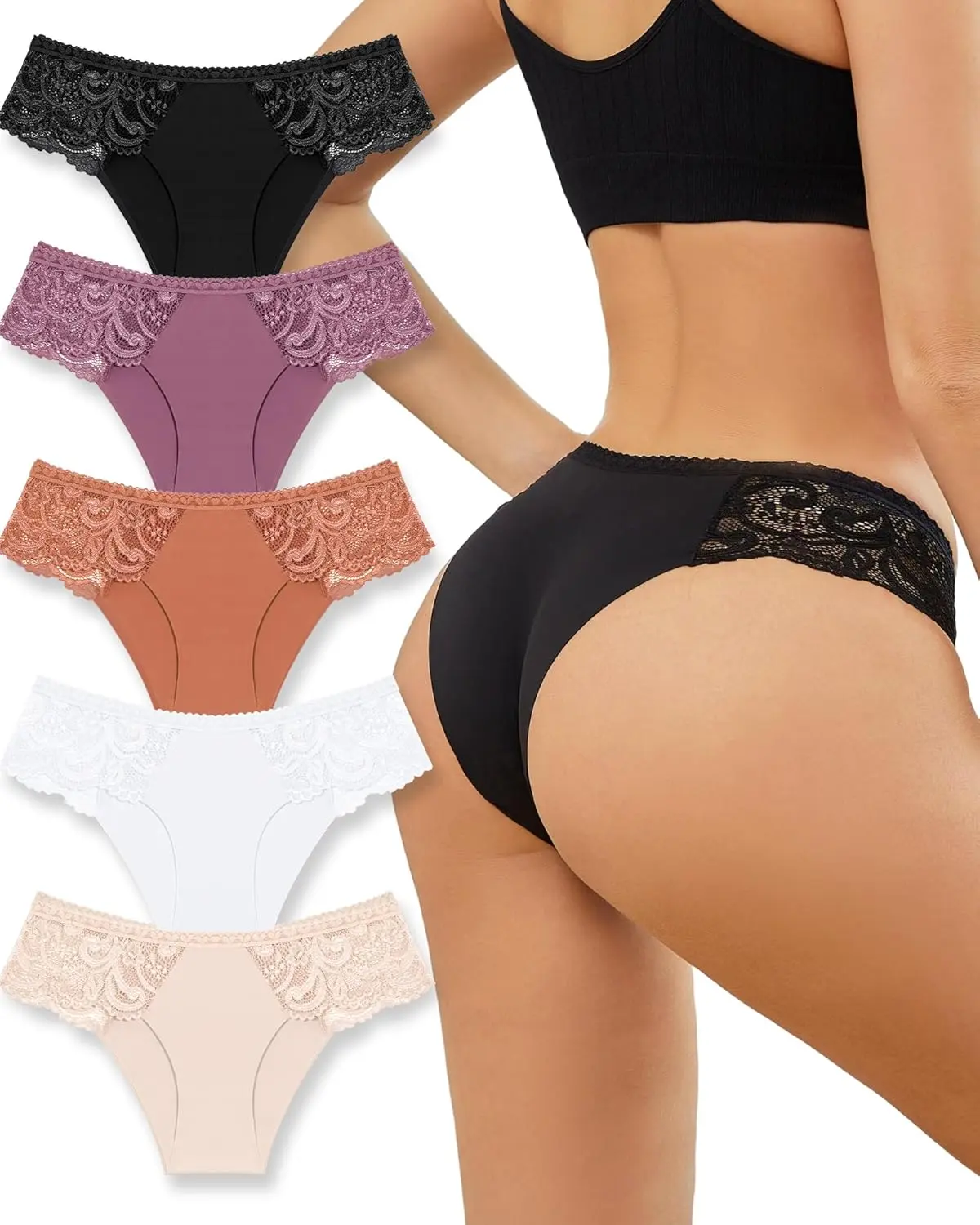 Sexy Underwear for Women Lace Silky Seamless No Show Undies Low Rise High cut Bikini Hipster Cheeky Panties 5 Pack(Gift)