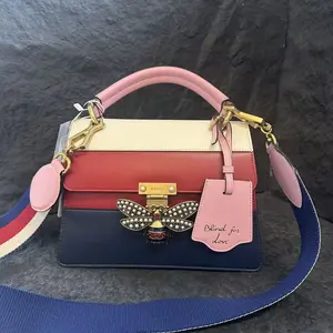 Pre-owned GUCCI Authentic Queen Margaret Tri Color Leather Bee Hardware Top Handle Crossbody Handbag