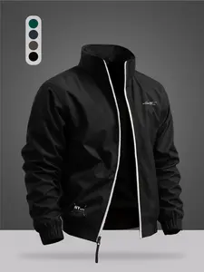 Men's Lightweight Waterproof Colorblock Letter Print Jacket, Windproof Durable Outdoor Casual Cycling Running Coat, Leisure Outdoor Jacket