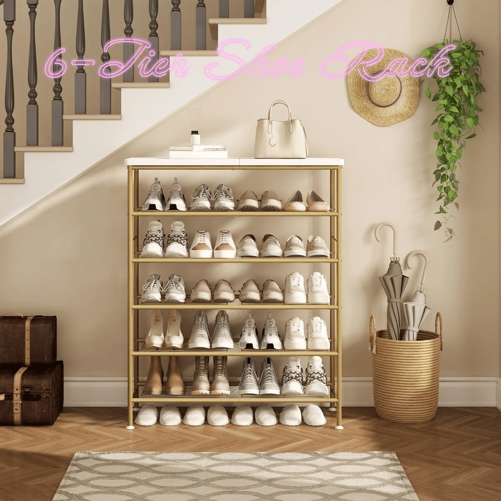 INGIORDAR 6-Tier Metal Shoe Rack Organizer with MDF Top Board, 11.81in x 31.49in x 43.5in Steel Shoe Display, for Closet, Entryway