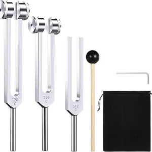 Tuning Fork Set (128Hz, 256Hz, 512Hz) of 3, Weighted & Unweighted Aluminum Forks with Reflex Hammer and Storage Bag for Chakra/Healing/Medical/Sound Therapy Instruments/Yoga/Meditation Accessories