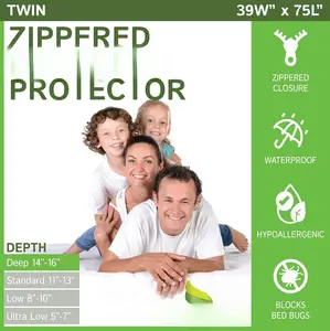 Zippered  Mattress Protector (14"-16" Depth) - Bed   Mattress Cover,   Encasement White
