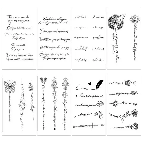 Flower & Letter Pattern Temporary Tattoo Sticker, 8 Counts/set Waterproof Fake Tattoo Sticker, Body Art Decoration For Women & Men, Floral Tattoo Stickers