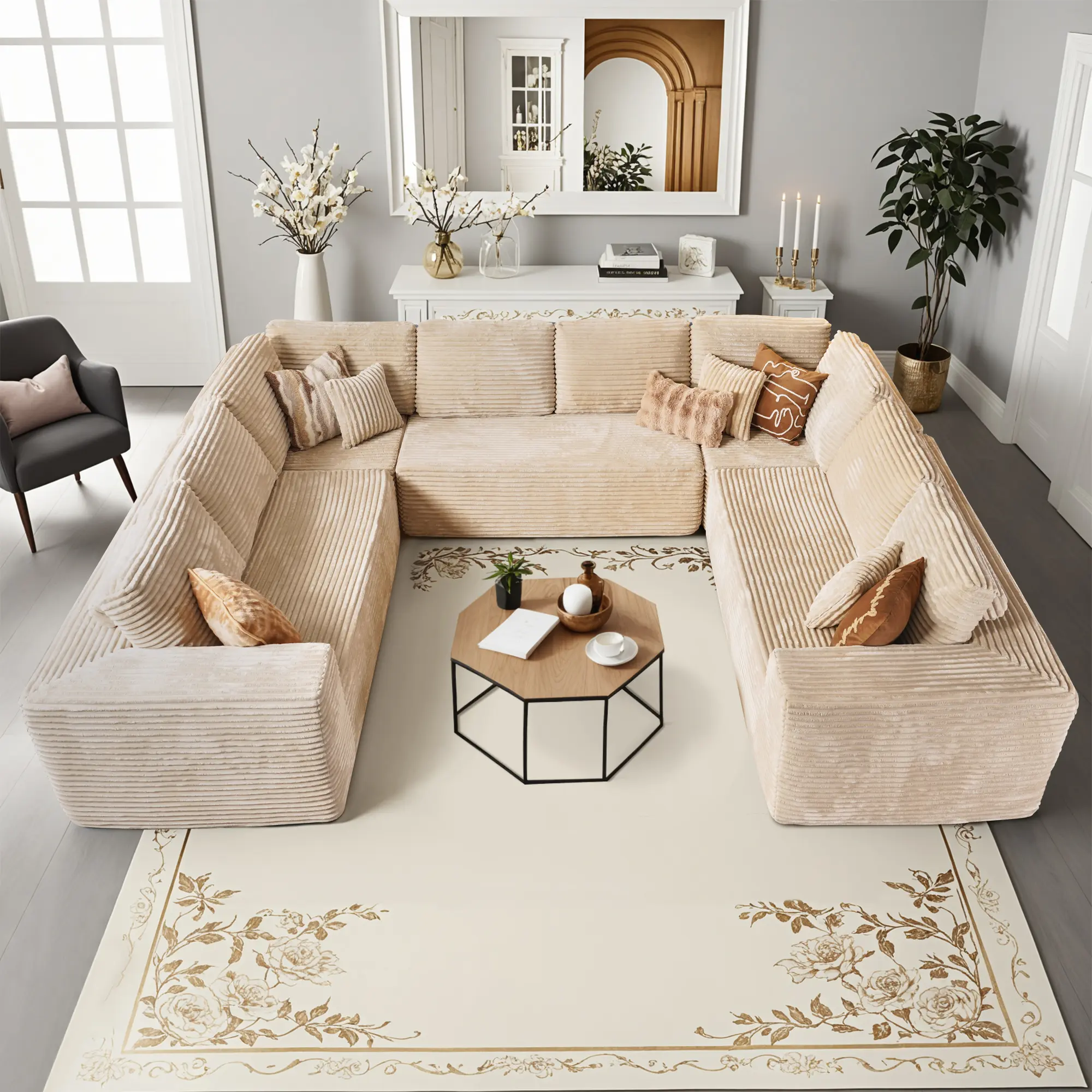 XIZZI 135" U-Shaped Cloud Sectional Couch, Modular Floor Sofa with Plush Corduroy Deep Seat Chaise Lounge for Living Room, No Assembly Required