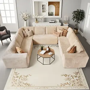 XIZZI 135" U-Shaped Cloud Sectional Couch, Modular Floor Sofa with Plush Corduroy Deep Seat Chaise Lounge for Living Room, No Assembly Required