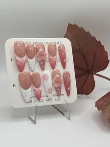 Luxury Press-On Nails - Pink 3D Floral with Gold Rhinestones & 3D Flower Accents - Soft Glam Set for Fall Weddings & Everyday Use - Premium ABS Material - Reusable with Care