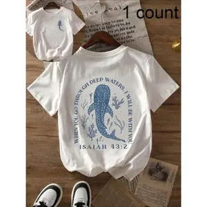 Women's Cartoon Whale & Letter Print Round Neck Tee, Fashion Casual Crew Neck T-Shirt for Daily Holiday Vacation Outdoor Wear, Ladies Clothes for Summer, Lightweight Beach Tshirt, Everyday Womenswear