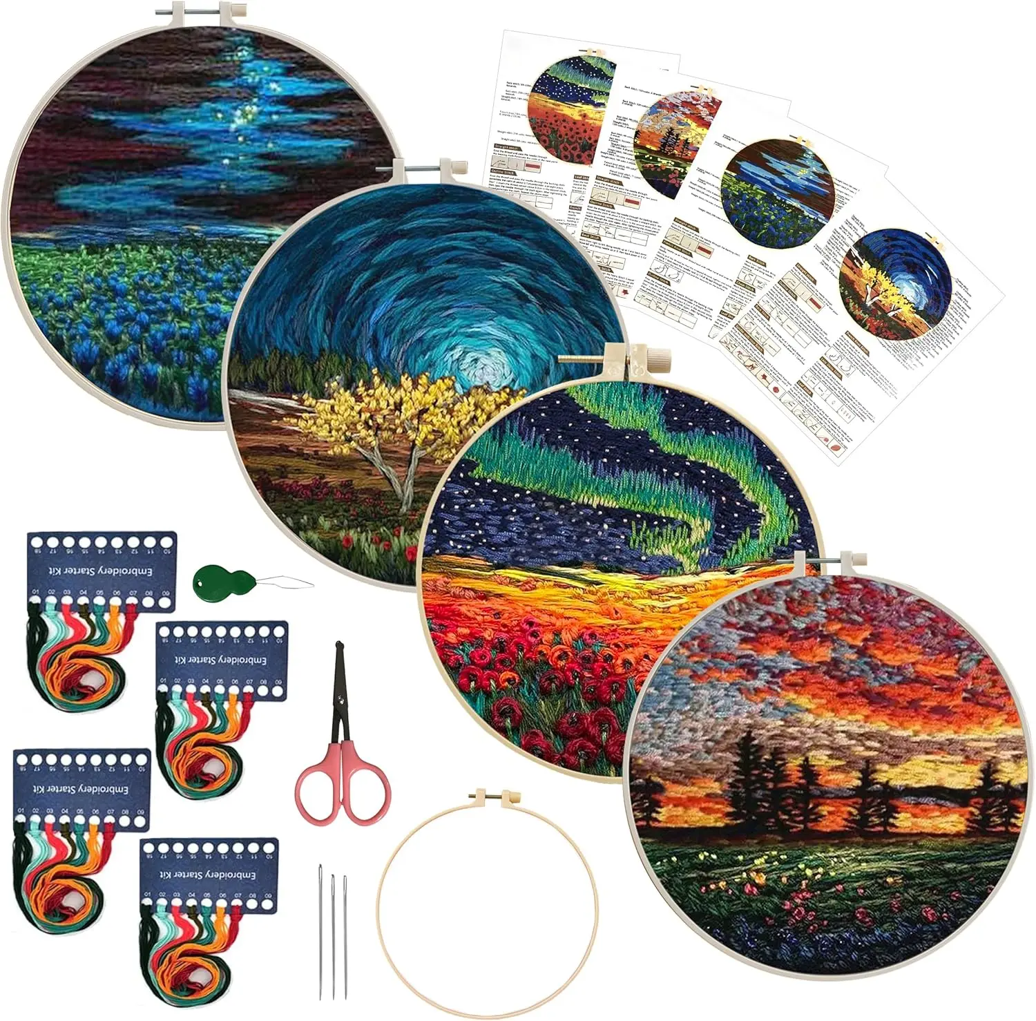 4 Pack Embroidery Starter Kit with Pattern, Stamped Cross Stitch Kits for Beginners Adults with Embroidery Hoop and Instructions, Hand Embroidery Kit