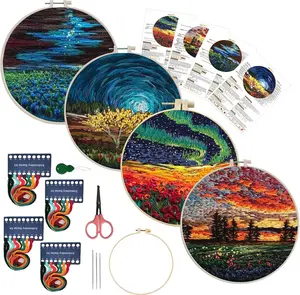 4 Pack Embroidery Starter Kit with Pattern, Stamped Cross Stitch Kits for Beginners Adults with Embroidery Hoop and Instructions, Hand Embroidery Kit