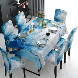 5/7 Pcs Blue Gold Marble Print Tablecloth & Chair Cover Set, Modern Luxury Aesthetic Style, Stretch Removable Washable Dining Chair Slipcover, For Family Daily Dining, Holiday Gathering, Party Decor