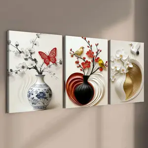 3-count wooden frame canvas, blue and white porcelain vase, red plum, crane and butterfly art poster, light luxury decorative poster, fashionable family poster, modern living room decoration, suitable for corridor and bedroom walls, waterproof art