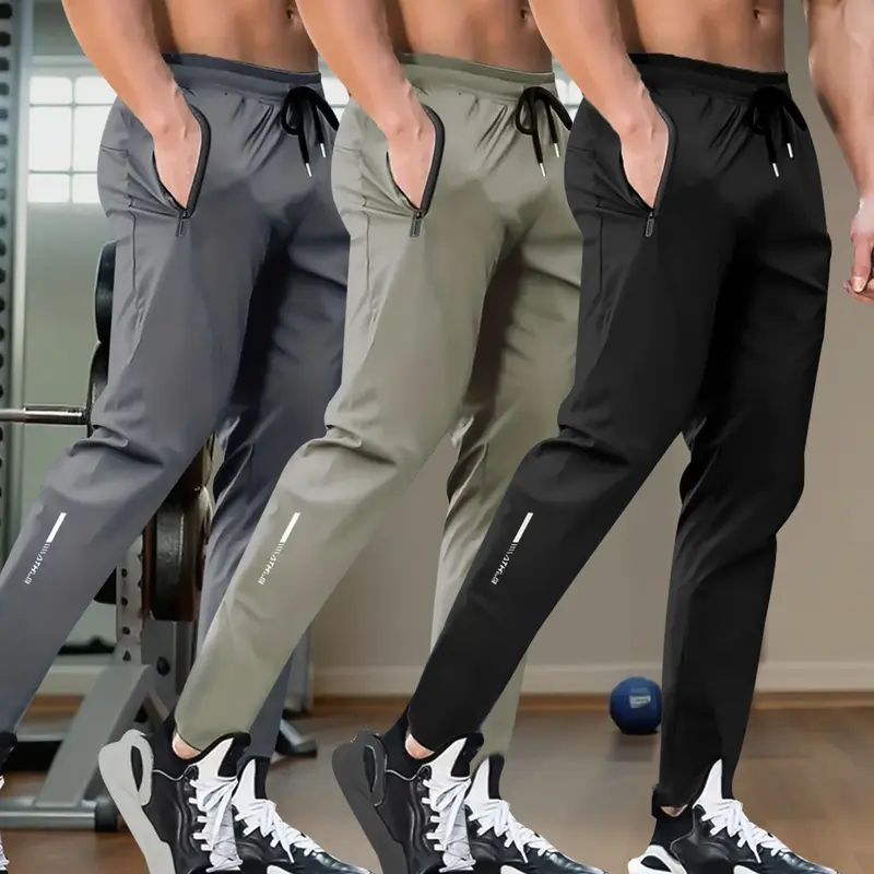 Men's 3-Pack Straight-Leg Track Pants - Lightweight, Breathable, Loose-Fitting Fitted Cut Joggers with Elastic Drawstring Waistband, Zippered Pockets, Multi-Color for Gym, Casual Wear (All-Seasons Mensfashion)