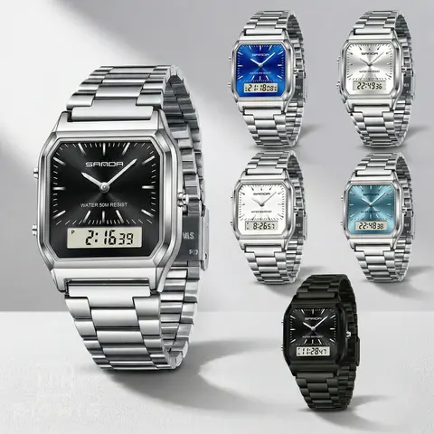 SANDA Stainless Steel Analog-Digital Wristwatch - Unisex LED Dual Display, Waterproof Quartz, Silver Multifunctional Electronic Sport Watch, Fashionable Back-to-School Men's Timepiece