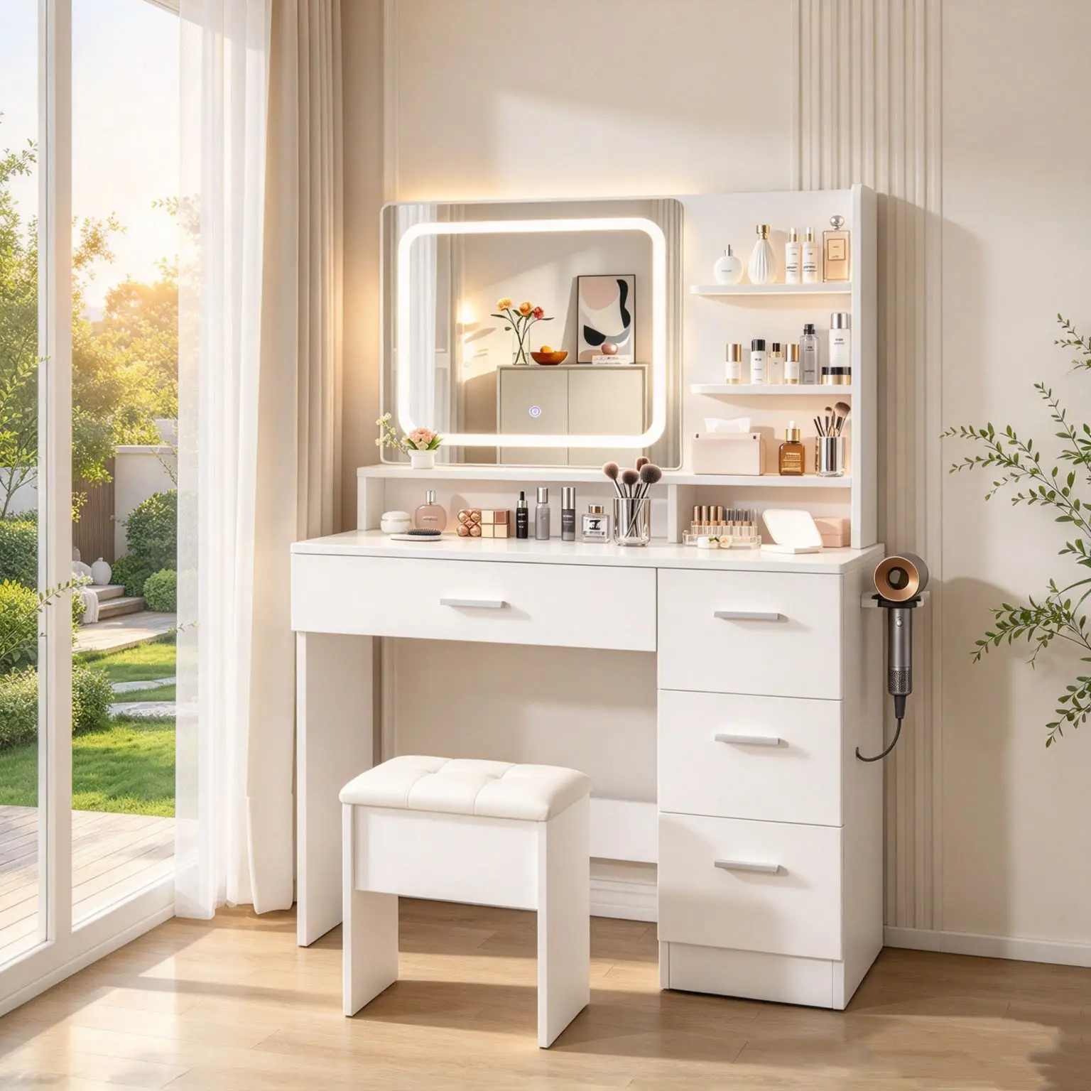 Elegant White Makeup Vanity Furniture for Small Spaces - Lighted Vanity Mirror and Desk Combo with LED RGB Lights, Storage Drawers, Stool, Built-In Outlet, USB Port, Safety Anti-Tip Design; Suitable for Bedrooms, Dormitories amerlife summervibes