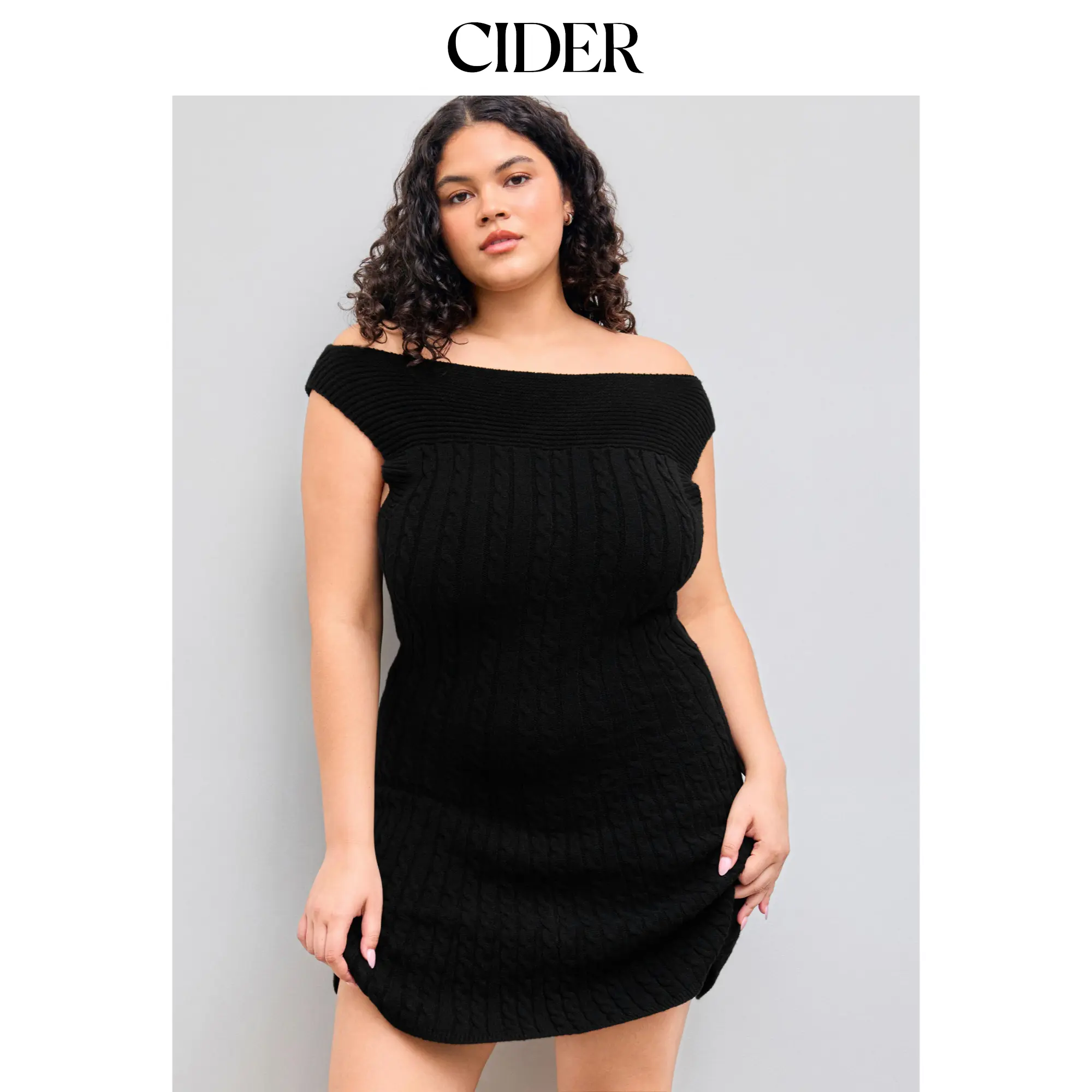 Cider [size 12/14-24] Cable Knit Boat Neck Solid Mini Dress Curve & Plus