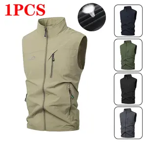 Men’s lightweight spring/autumn outdoor casual vest with multiple zippered pockets; men’s fishing vest for spring/summer, breathable solid color Gilet Beige