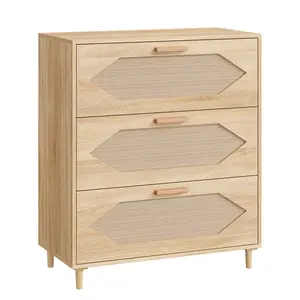 Ample storage sideboard – Rustic chest of drawers with 3 drawers made of ash wood and rattan, modern-natural design for dining room, bedroom or hallway, easy to assemble, boho style