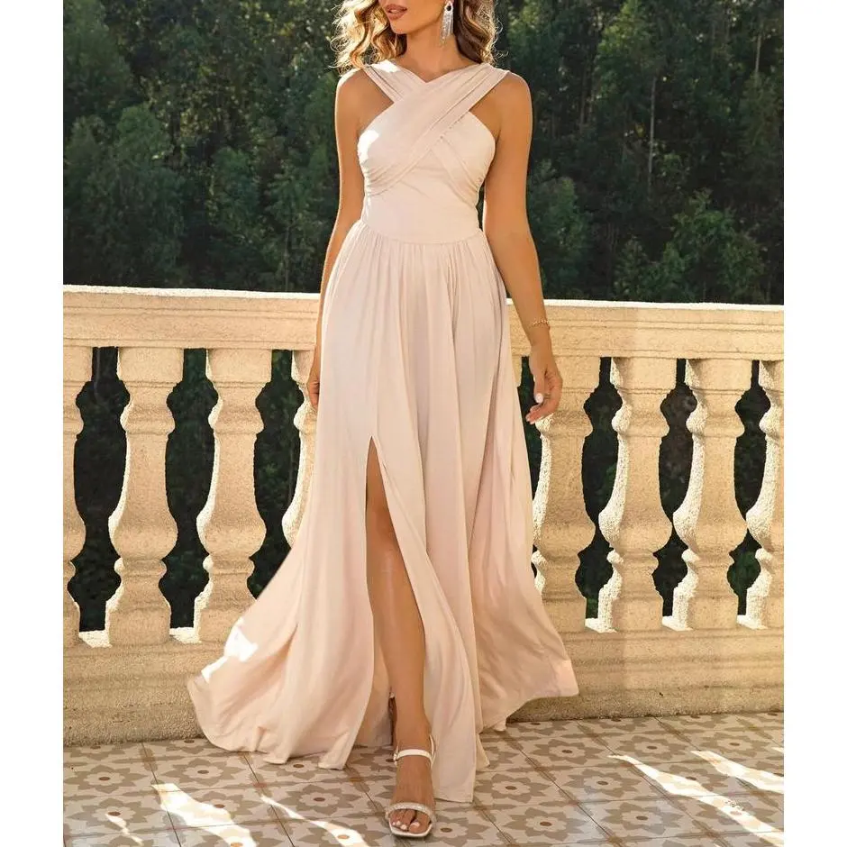 Versatile Women's Vintage Criss Cross Split Thigh Evening Dress for Party Wedding Guest, Elegant A-Line, Lightweight Breathable Soft Fabric Daily Comfort Fit Essential Wardrobe Piece Casual Everyday Street Trendy Chic