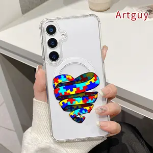 Magnetic Soft Case for  Samsung Galaxy S26 S23 Ultra S24 Plus FE S25 S22+ Puzzle - heart swirl Pattern Anti-Yellowing Shockproof ultra-thin Silicone Crystal Transparent Acrylic Large Hole Cover Supports Wireless Charging