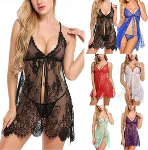 Women's Open Front Lace Lingerie, Deep V-Neck Chemise Babydoll Sheer Negligee Sleepwear