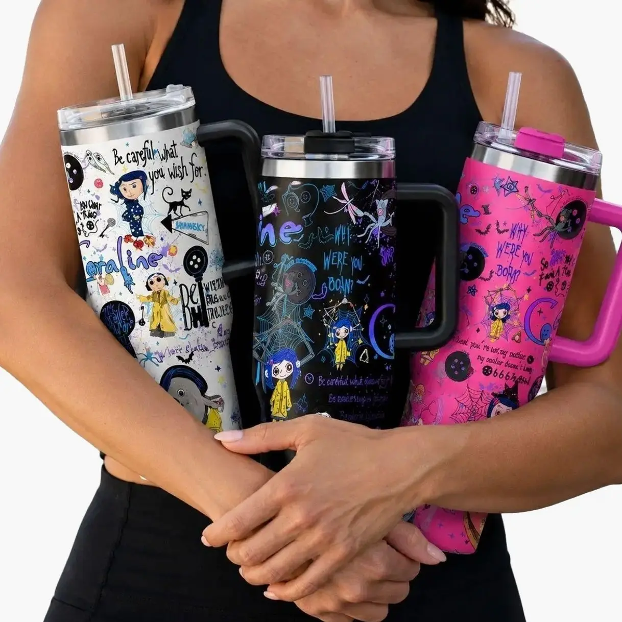 40oz Coraline Style Insulated Tumbler with Handle & Straw, Stainless Steel Travel Mug, Vacuum Thermal Cup, Hot 12H Cold 24H, Movie Fan Gift