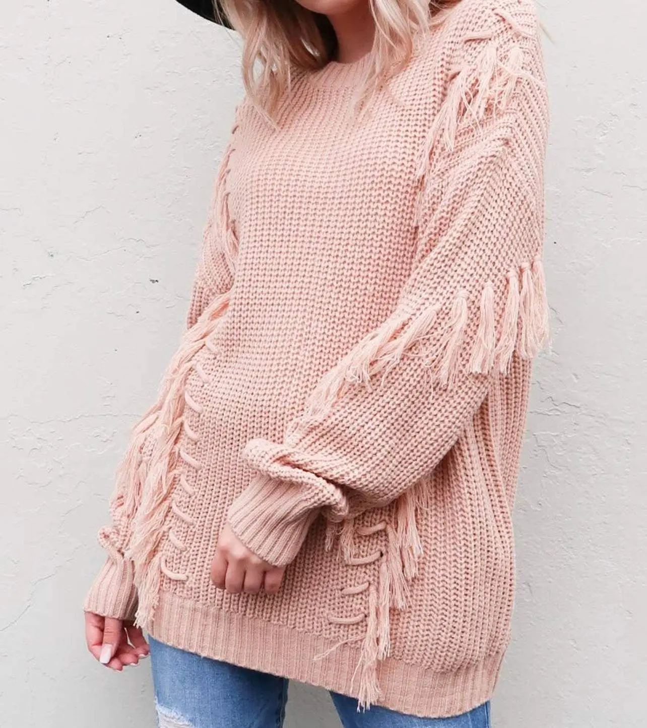 Tied String and Tassel Sweater- Dusty Rose