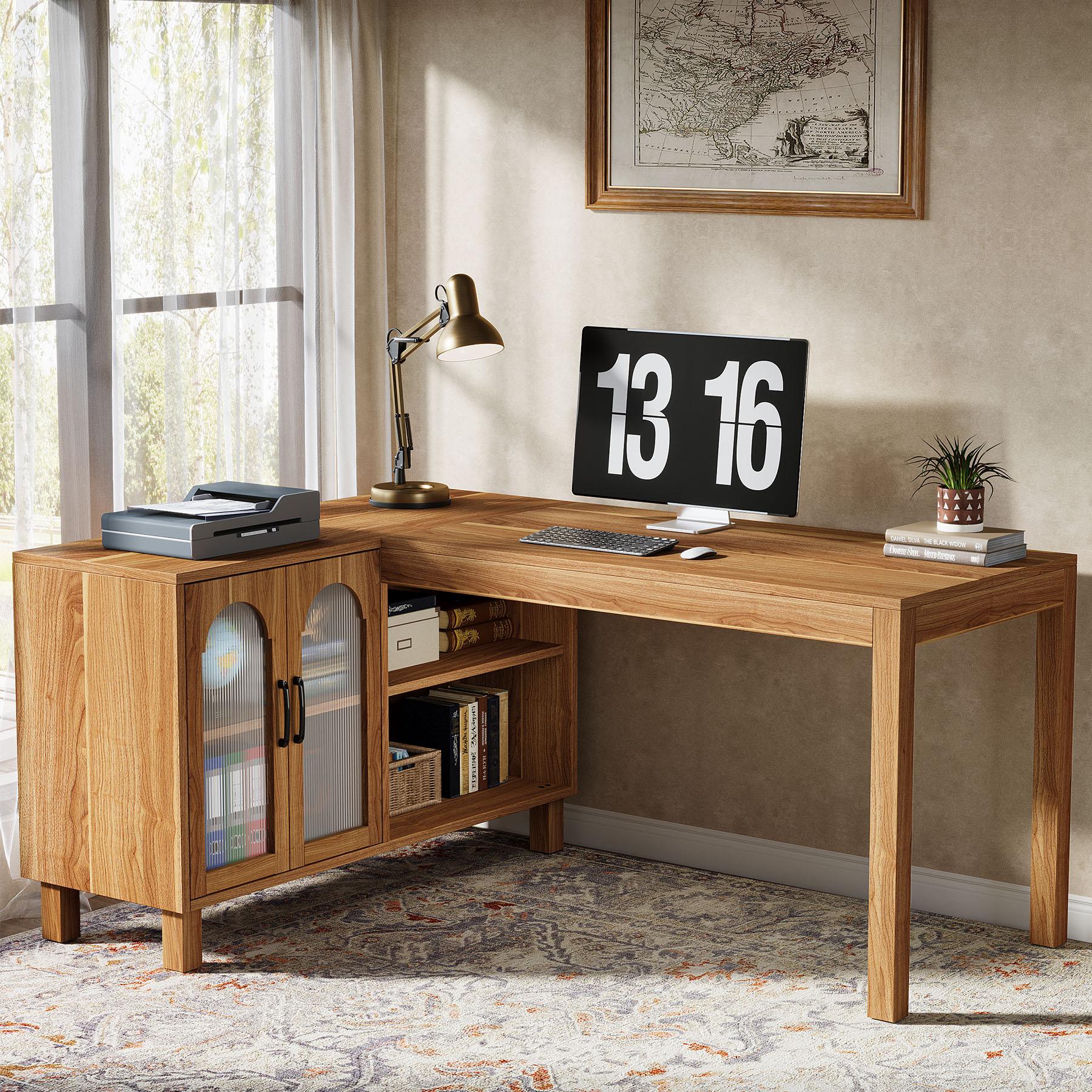 Tribesigns L-Shaped Desk with File Cabinet, 59-Inch Executive Office Desk with Storage Shelves, Study Writing Desk Farmhouse Corner Computer Desk for Home Office, Rustic Brown