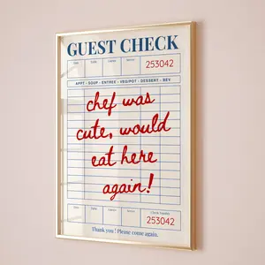 Chef Was Cute Would Eat Here Again Guest Check Print, Trendy Kitchen Art, Minimal Kitchen Poster, Chef Art Print, Restaurant Art, Gift Idea