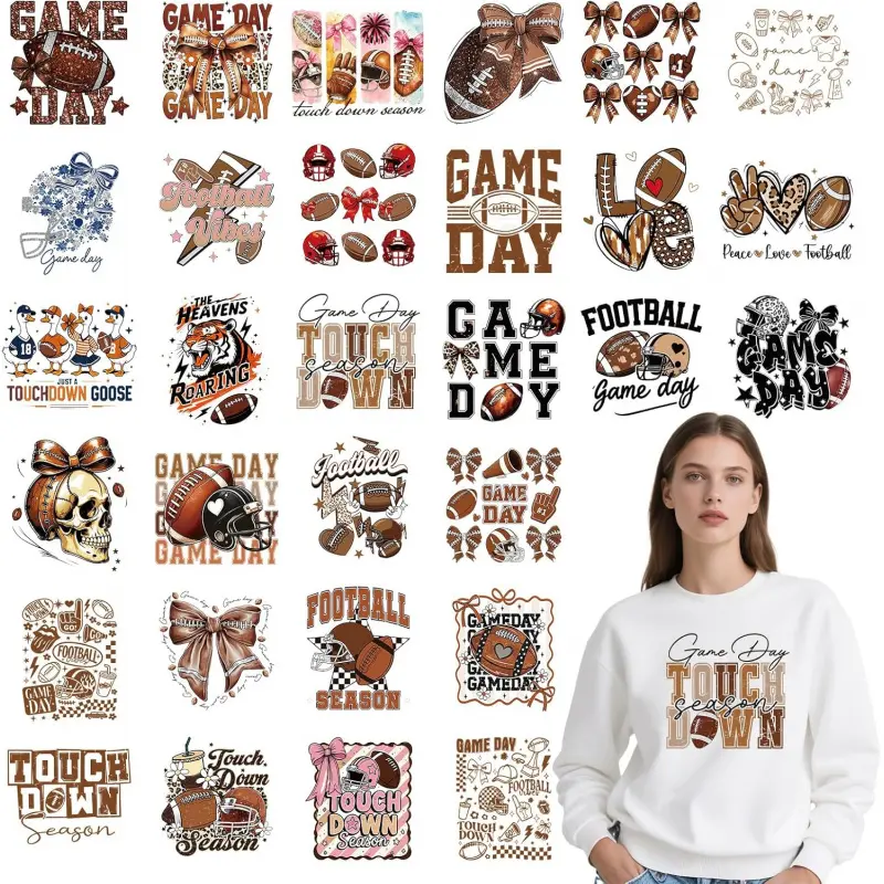 Football Iron on Transfers for Tshirts - 30Pcs Dtf Transfers Designs Ready to Press, Football Mama Lovers Iron on Decals Patches, Sport Ball Game Day Heat Sublimation Stickers for DIY Clothes Bags, Handmade Crafts