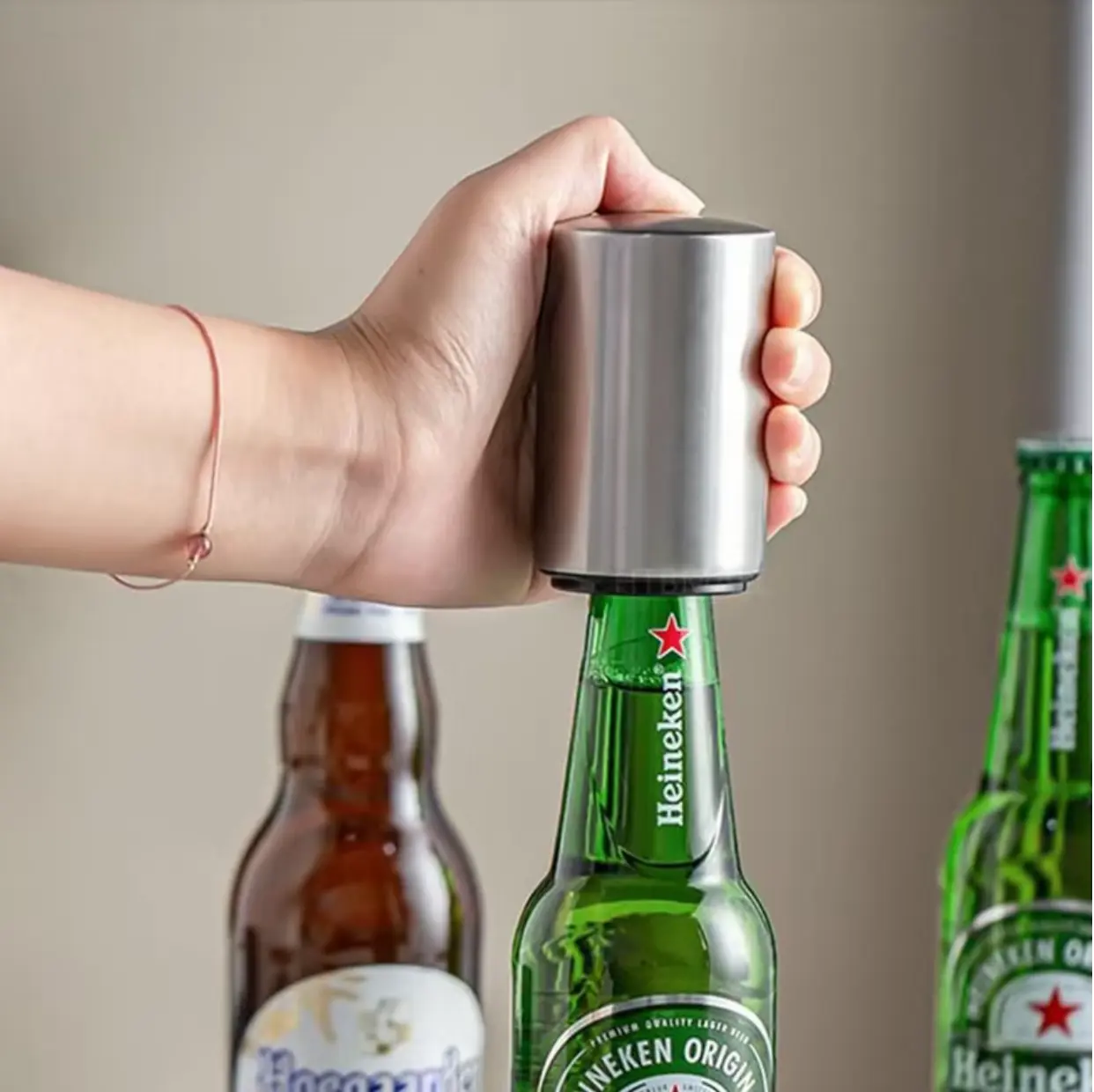 Premium Automatic Beer Bottle Opener (StainlessSteel), Magnetic Automatic Stainless Steel Push Down Opener, No Cap Can Escape, Quick Open Capfor Kitchen Home Bar Restaurant Household Utensils Bottle cap opener Kitchenware Modern, drink tools