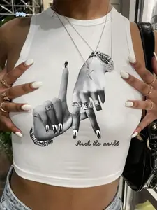 Women's Hand Gesture Print Round Neck Tank Top, Fashion Casual Crew Neck Sleeveless Top for Daily Holiday Vacation Outdoor Wear, Ladies Clothes for Summer, Socks