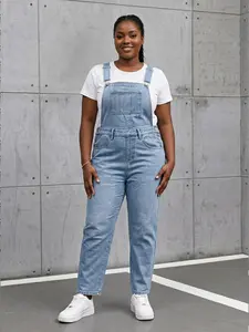 Women's Light Color Denim Jumpsuit, Overalls, Slim-Fitting Long Jeans, Minimalist Casual Basic Plain Design, All Seasons Wear, No Elasticity, Denim Fabric