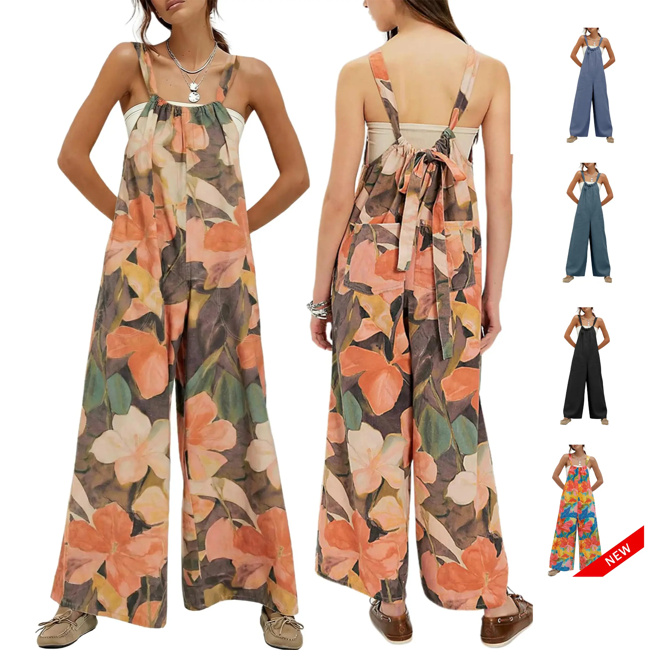 Ommig Women's Summer Bohemian Cotton Open-Back Wide-Leg Jumpsuit Overalls - Adjustable Tie-Back Straps, Drawstring, Double Pockets, Printed/Solid Colors, Openback Airflow - Boho Holiday Clothes, Boho Clothes For Women, Boho Floral Pattern Jumpsuits & Romp