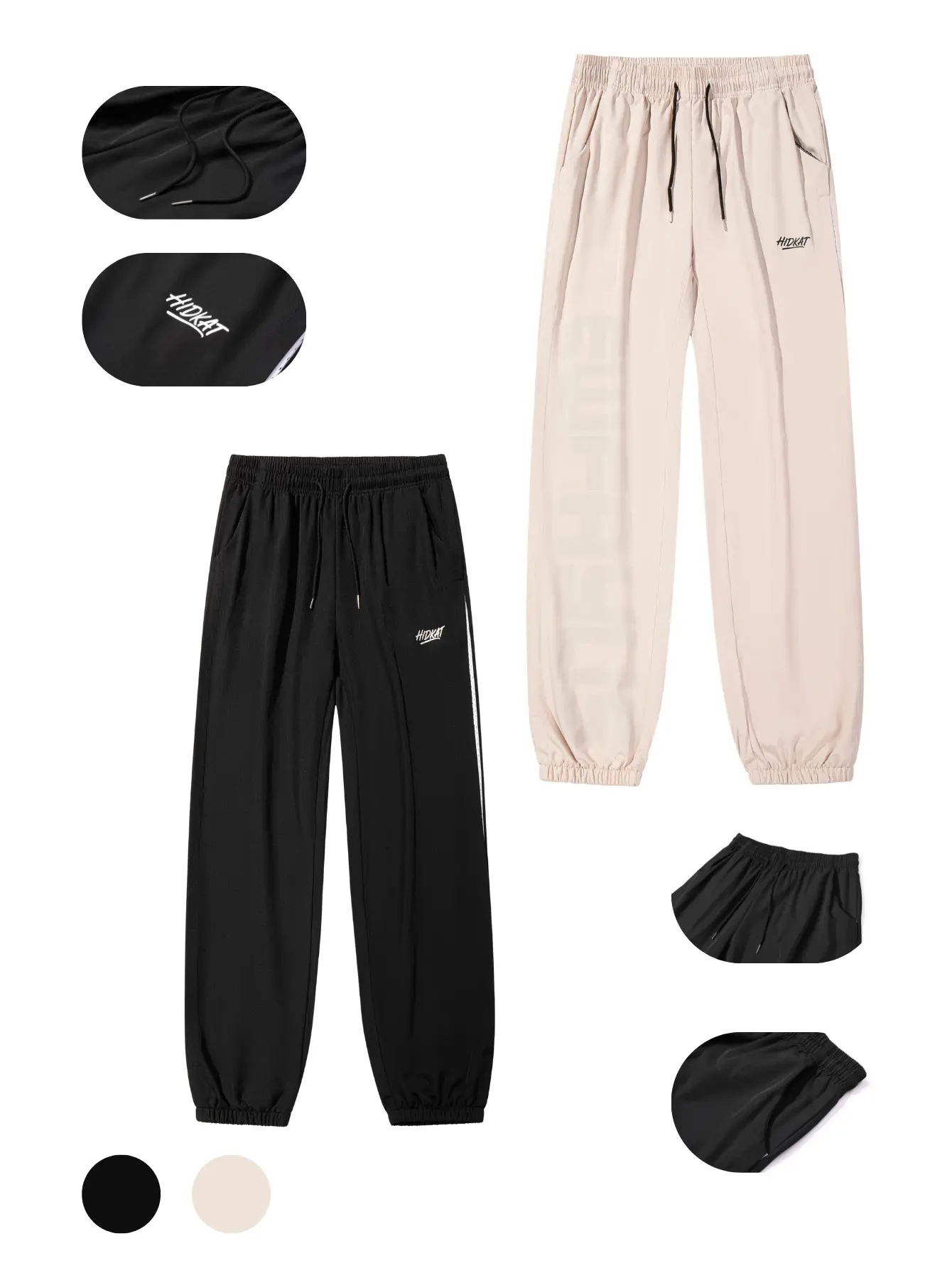 Men’s mid-rise jogger athletic casual pants featuring an elastic drawstring waistband with metal aglets; full-length reinforced seams throughout the fabric; letter embroidery on the front panel and side vertical ribbed tape panels; relaxed leg openings wi
