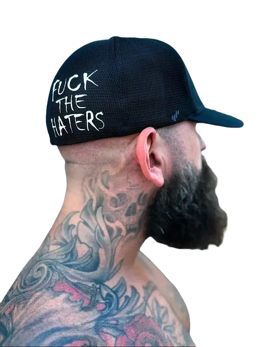 TheDriveClothing Haters Side Style Flexfit Graphic Hat - Men's Black Fitted Cap with White Print, Structured Mid-Profile, Breathable Mesh Back, Everyday Streetwear Performance Headwear, Spot Clean Premium Accessory, Premium Headwear, Men's Hats
