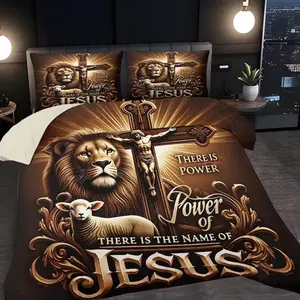 Three-Piece Lion Cross Jesus Pattern Quilt Set, Includes 1 Quilt Cover and 2 Pillowcases, Breathable Soft Polyester, All Seasons