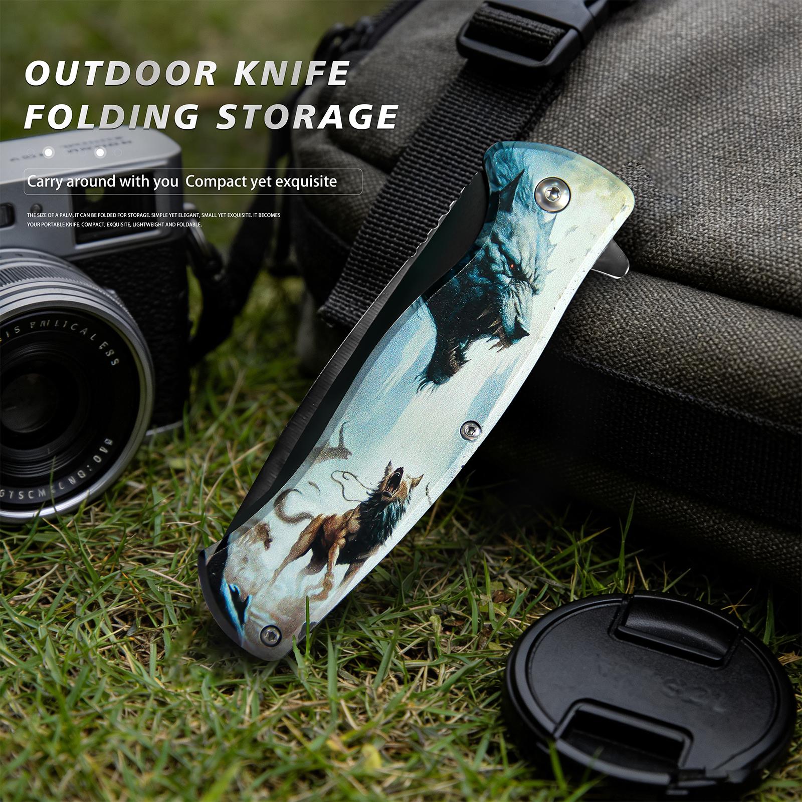 Wolf Pattern Folding Kitchen Knife | Sharp Fruit & Food Prep Tool Decorative Wolf-Themed Folding Kitchen Knife | Ideal Gift for Cooks Folding Kitchen Knife Fruit Prep Knife Portable Cooking Knife Compact FoldableKitchen PrepTool for DailyUseGiftable Wolf