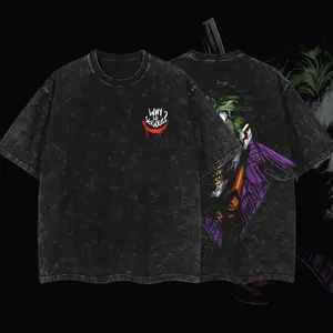 Superstyle "Why so serious?" The Clown Prince of Crime Jokerrr Hero verse Edition Double Printed Oversize Lightweight Acid Washed Tee TV Series Graphic Design Top Cotton Streetwear Comic Superheroes T-Shirt Clothes Menswear Womenswear L33 VEK