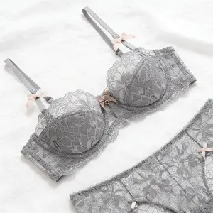 Sexy Lace Bra French Style Thin Cotton Half Cup Push-Up Large Bust Minimizing Plus Size Bra Set