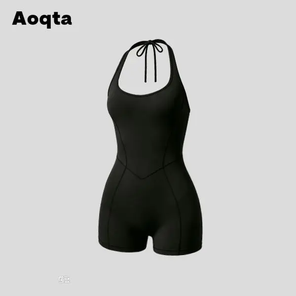 Aoqta Women's Waisted Sports Jumpsuit - Slim Fit Halter Neck 1-Piece, High Elasticity Quick Dry Polyester, Built-In Shorts, No Closure Workout Wear for Pilates Gym, Waisted Jumpsuit, Pilates Gym Clothes