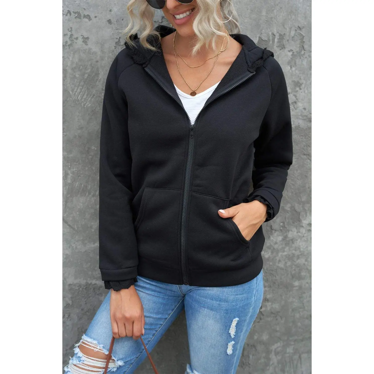 Lace Trim Zip-Up Hooded Jacket