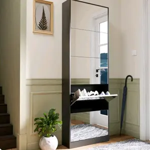 Black Mirrored Shoe Cabinet with 5 Flip Drawers, Full-Length Mirror Shoe Organizer for Entryway, Bedroom