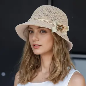 Women's Fashion Straw Hat with Floral Design, Breathable Sun Hat with Hollow Out Design, Trendy Summer Outdoor Headwear for Travel & Vacation