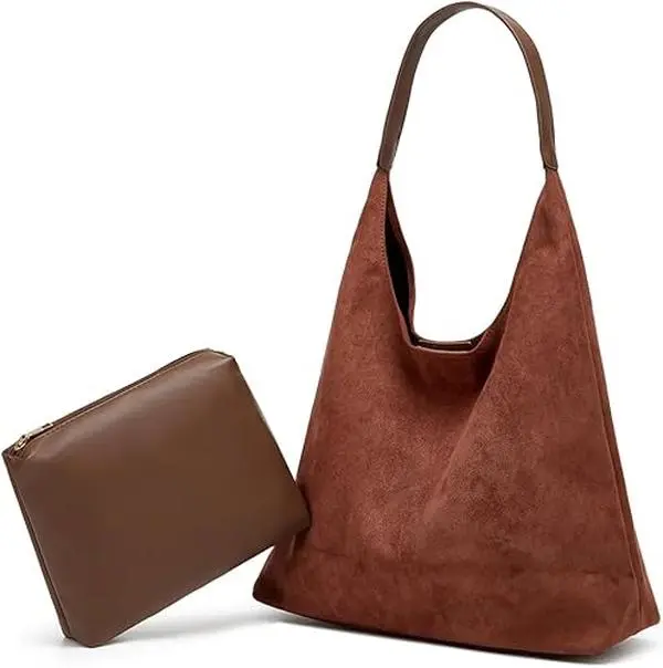 Retro Suede Hobo Bag for Women, Casual Minimalist High-Capacity Shoulder Tote with Matching Pouch for Work & Daily Use