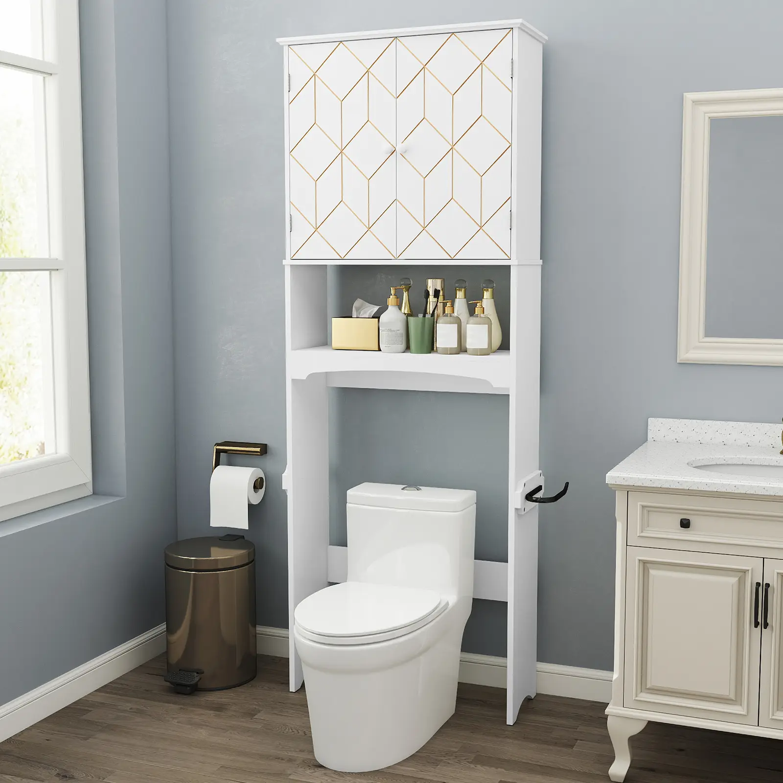 HLR Gold - Trimmed Over - Toilet Storage Cabinet - Stylish, Space - Saving, Durable | Perfect for Bathroom, Small Apartment, Modern Home | Ideal for Organizers, Home Decor Enthusiasts, Minimalist Lovers | Provides Extra Storage, Elegant Look sohochic