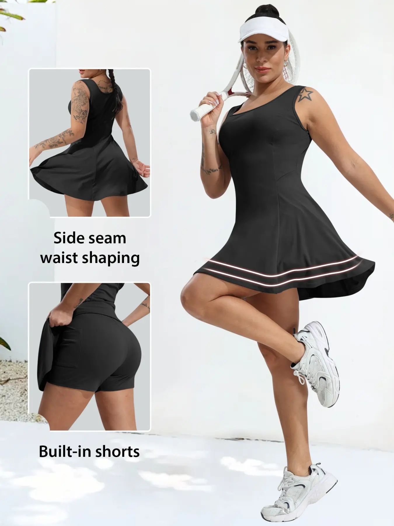 Plus Size Tennis Dress with Built in Shorts, Active Wear Dress, 2-in-1 U-Neck Athletic Dress with Pockets, Anti-Chafe Workout Dress for Golf & Casual, Sporty Tennis Dress, Tennis Attire