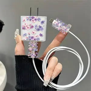 Floral Pattern Charger & Data Cable Protective Case, Transparent Charger & Data Cable Protector, Phone Accessories Compatible with iPhone 18W/20W Charger